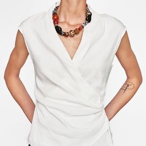 Zara White Linen Sleeveless Wrap Top